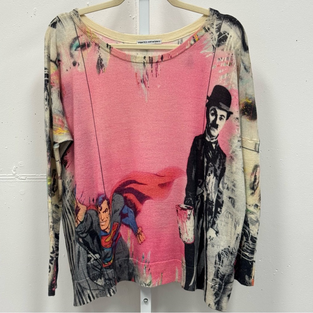 Printed Artworks Artsy Edgy Cashmere Silk Wool Graphic Sweater Pink Loose Fit OS
